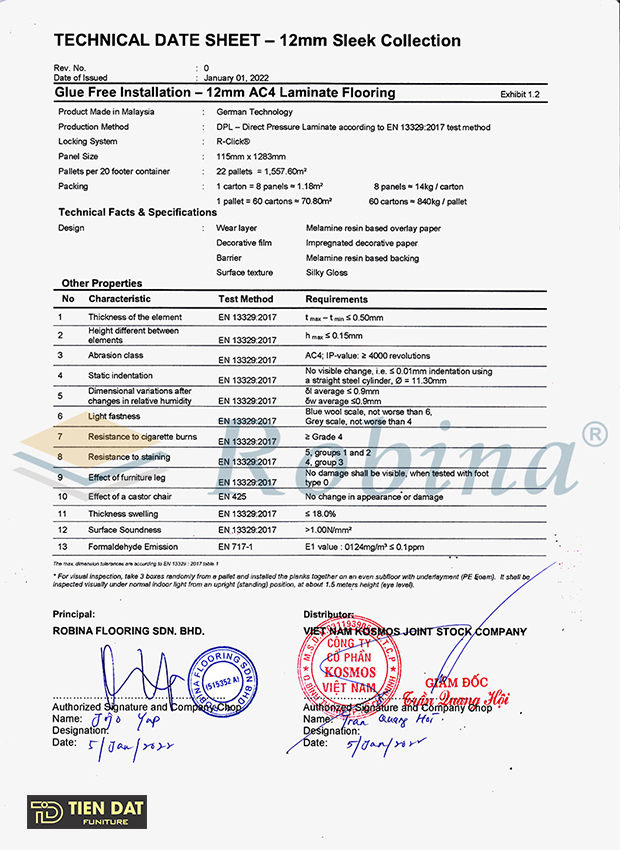 Các thông số kỹ thuật của ván sàn Robina Các thông số kỹ thuật của ván sàn Robina